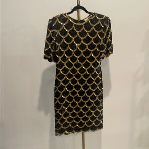 Black and Gold Sheath Mini Dress with Crew Neck